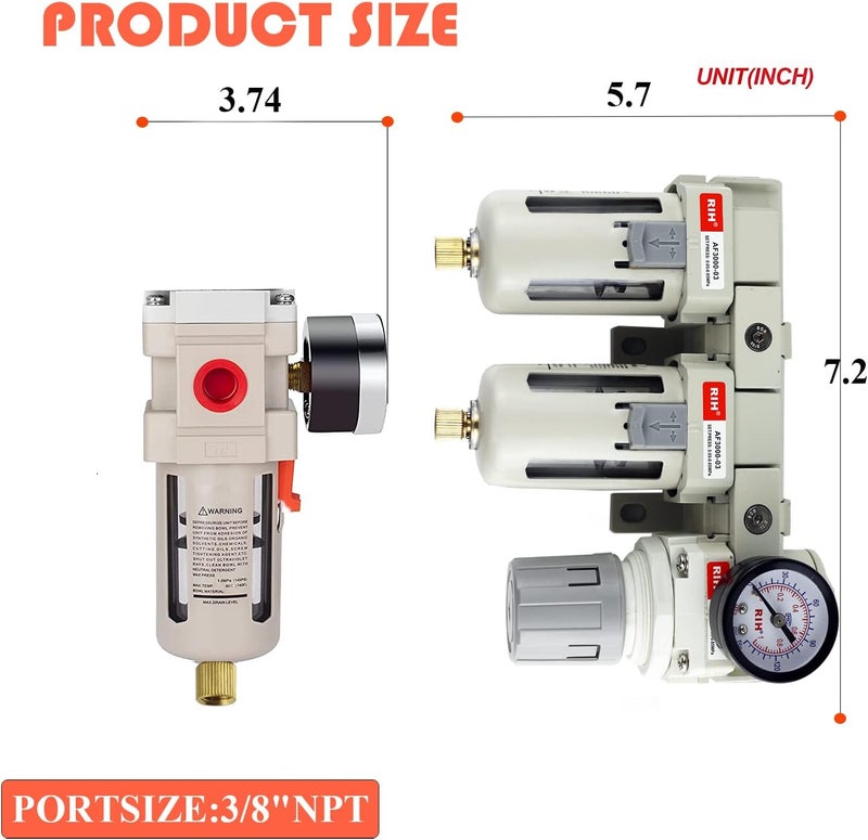RIH Store Pneumatics DFR-03 3/8'' NPT Compressed Air Double Filter & Regulator, Air Drying System, Air Compressor Water Separator, Semi -Auto Drain, Poly Bowl,0-150 psi Gauge, 5 Micron Brass Element - Image 2